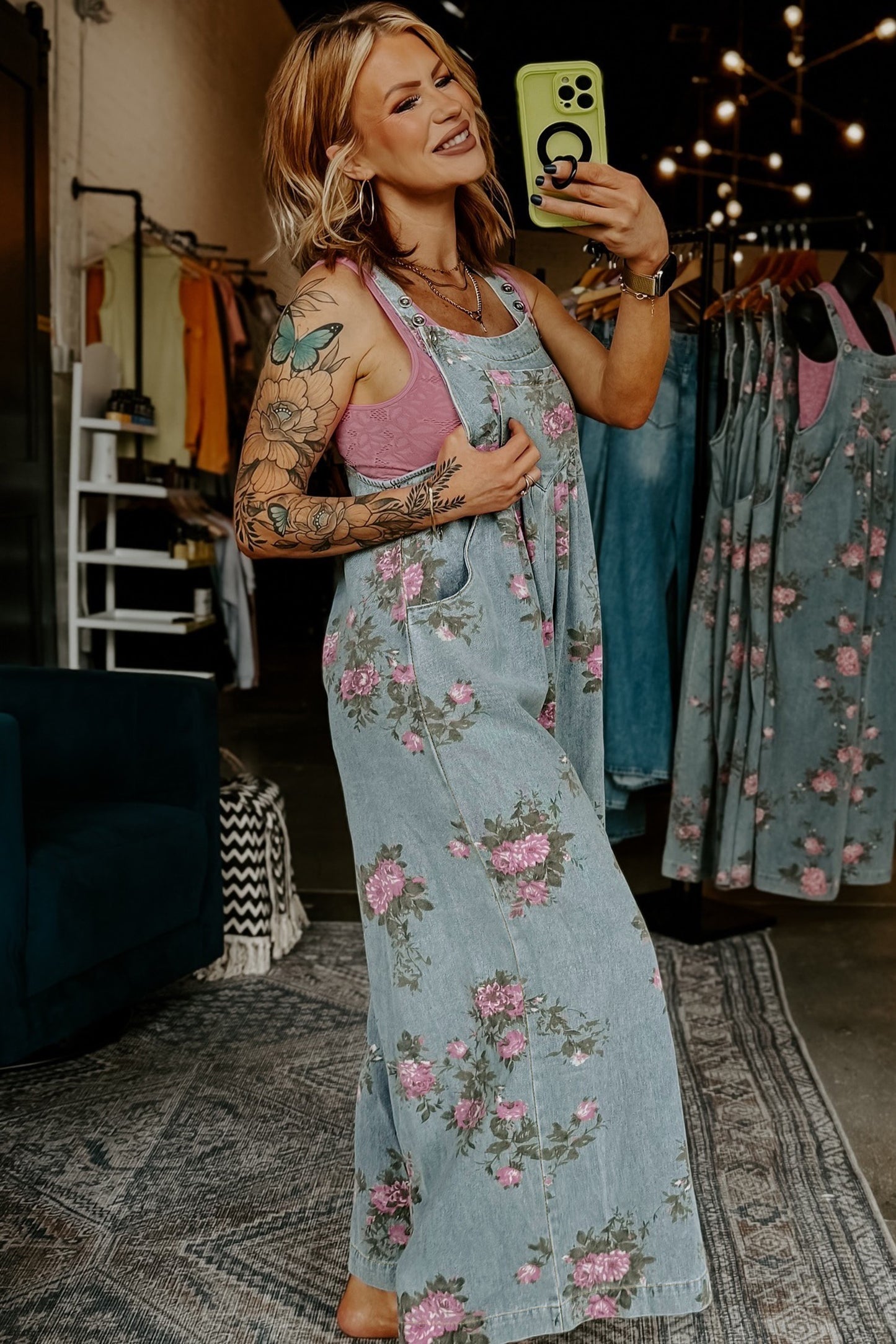 Floral Print Pleated High Waist Wide Leg Denim Jumpsuit (ships March 5)