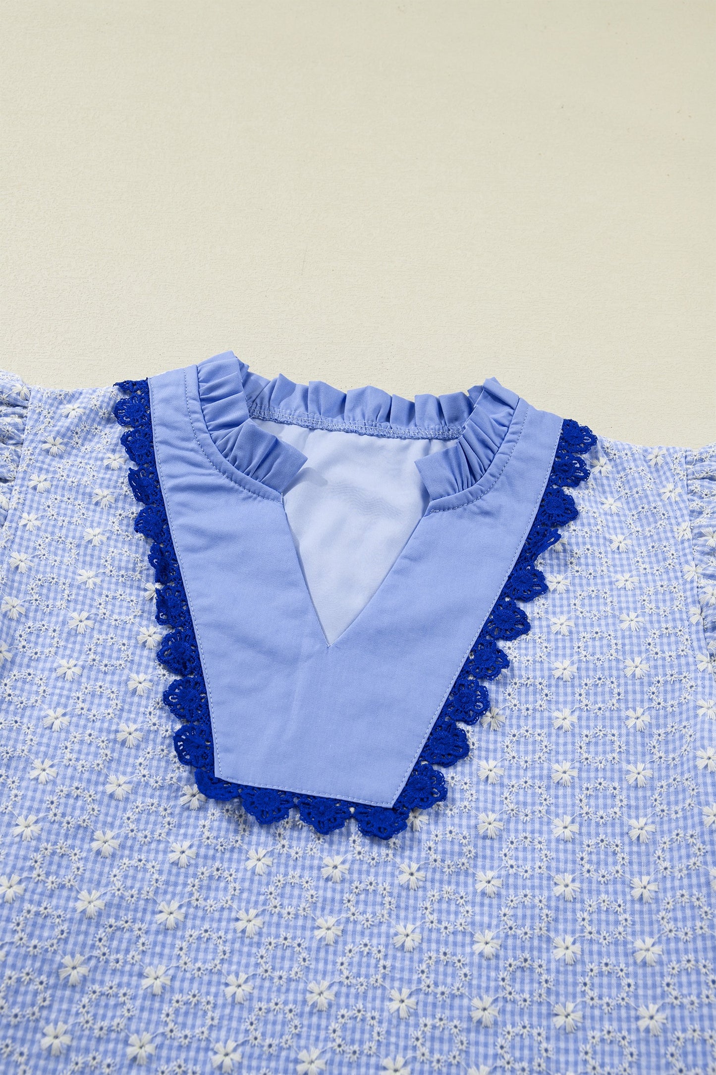 Blue Square Neck Short Puff Sleeve Pleated Floral Blouse