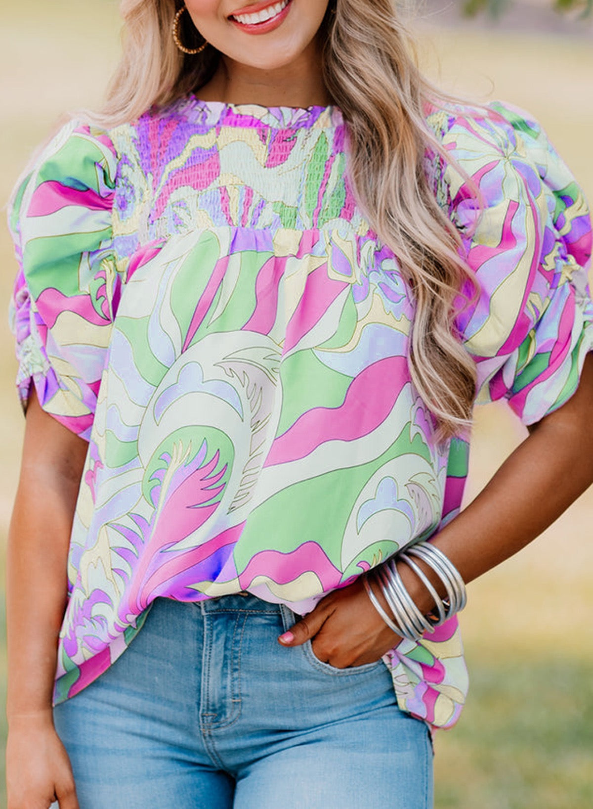 Green Smocked Blouse with Bubble Sleeve