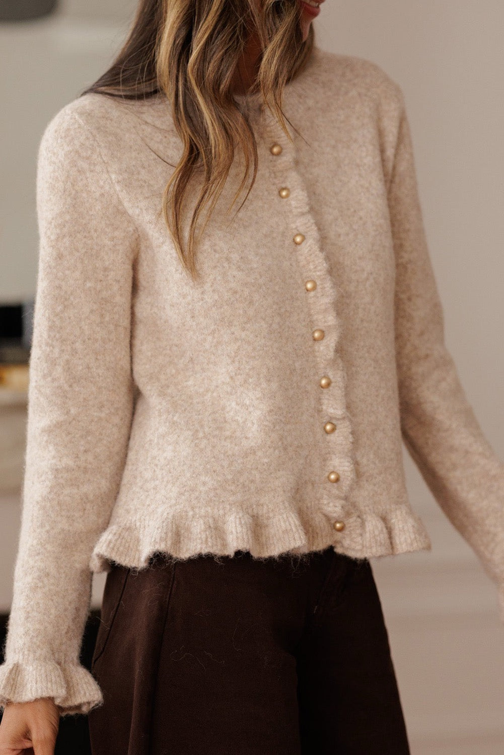 Oatmeal Ruffle Trim Gold Button Cardigan