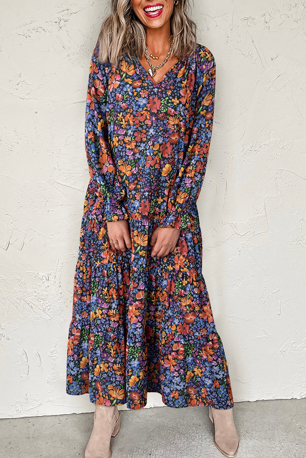Blue Floral Print Tassel Tie V Neck Long Sleeve Flowy Dress