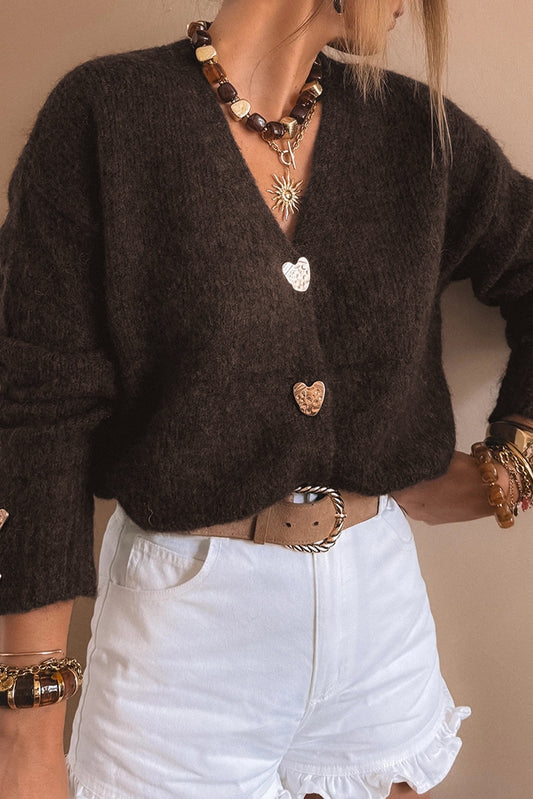 Coffee Heart Metal Button V Neck Cardigan Sweater