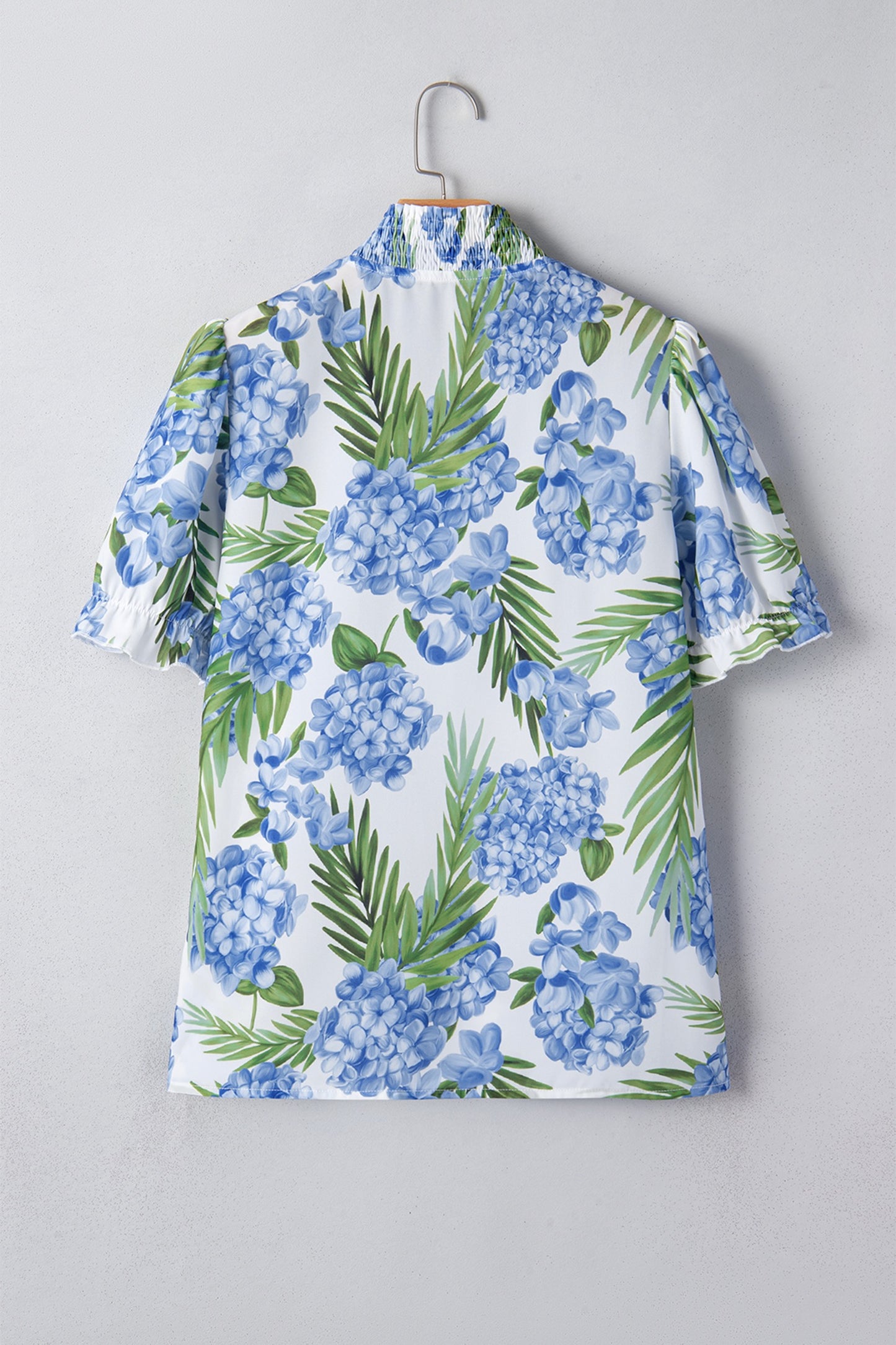 Blue Palm Floral Print Striped Patchwork V Neck Short Sleeve Top