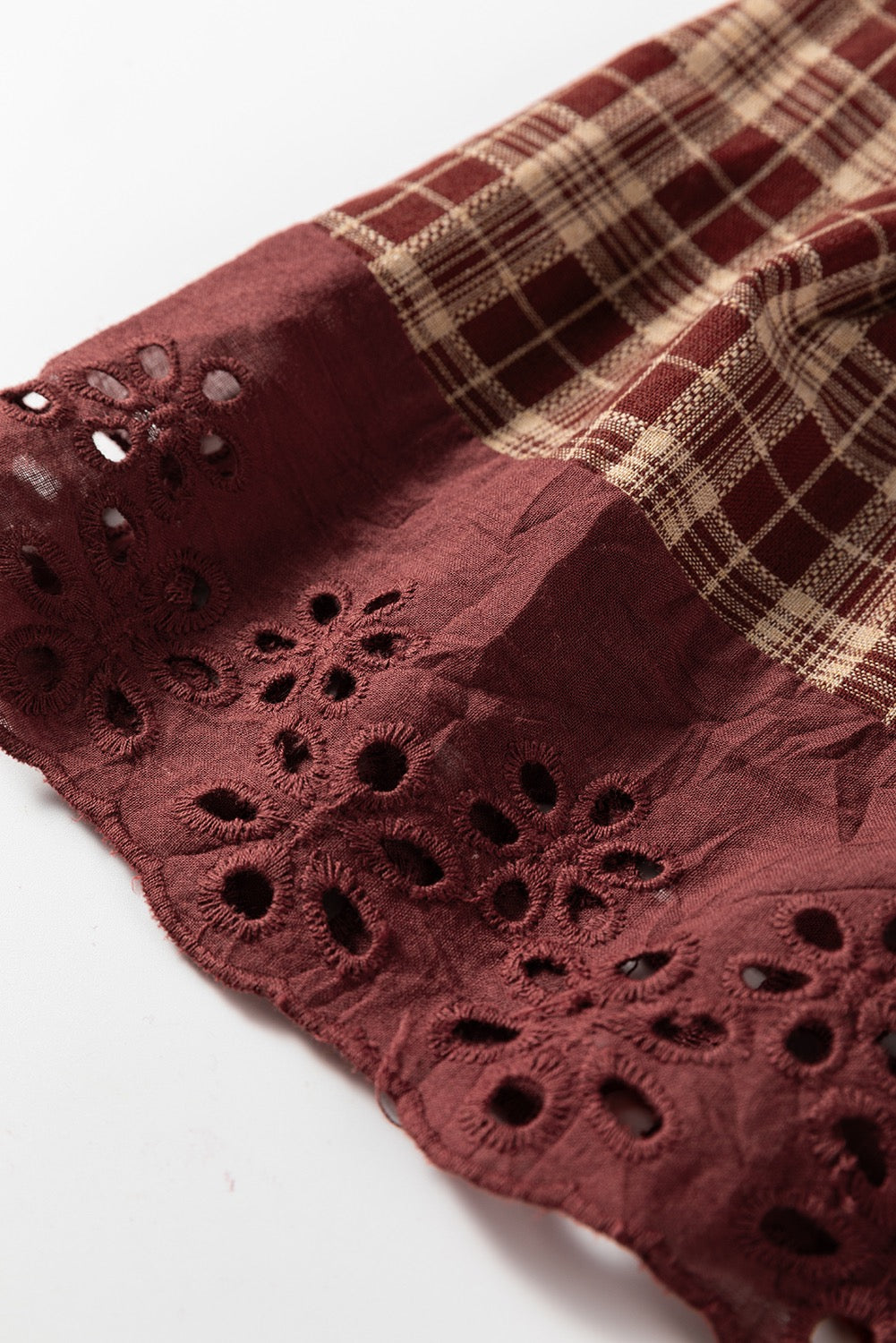 Plaid Eyelet Lace Trim Button Down Loose Long Sleeve Shirt