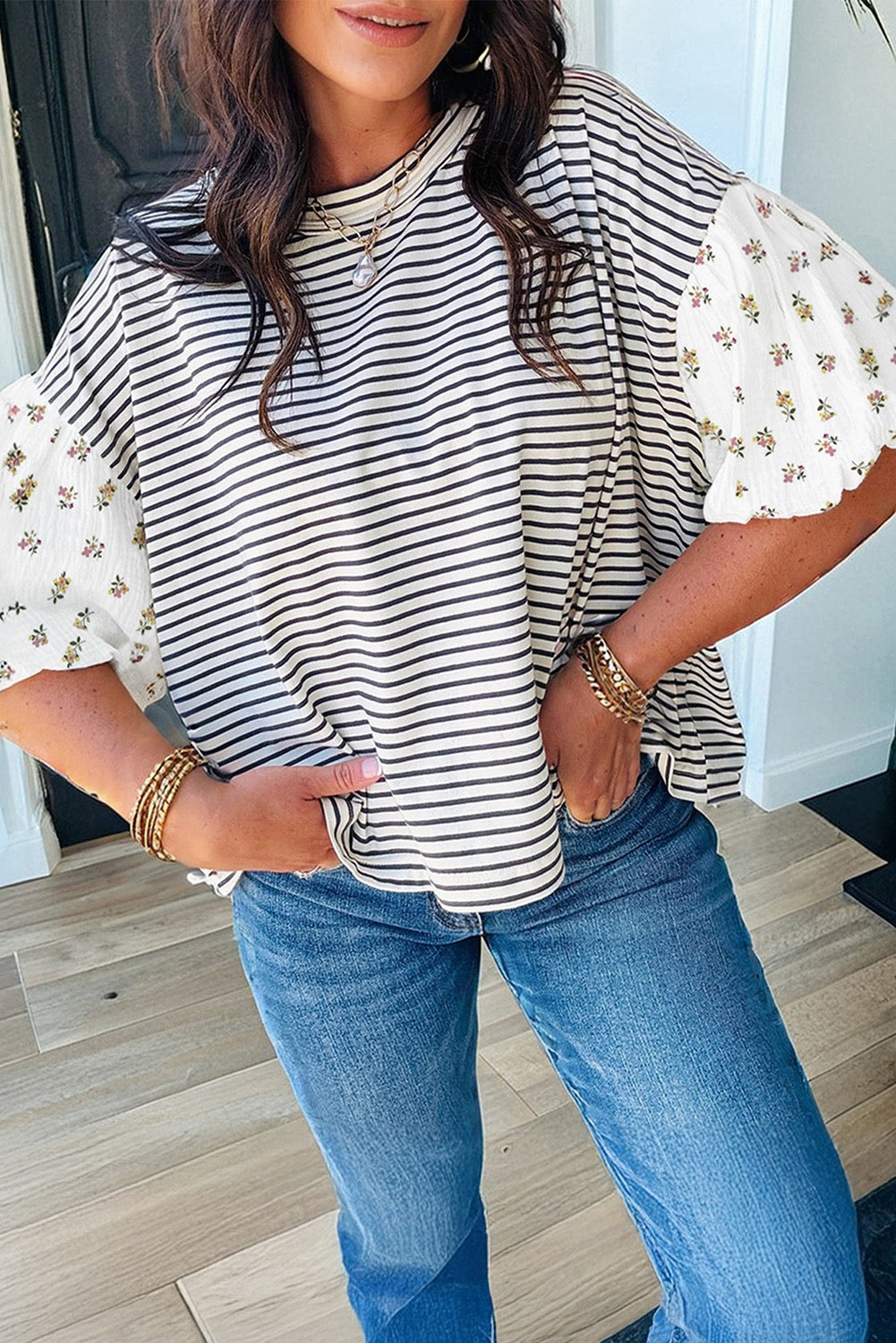 Black Stripe Floral Puff Sleeve Patchwork Round Neck Loose Top