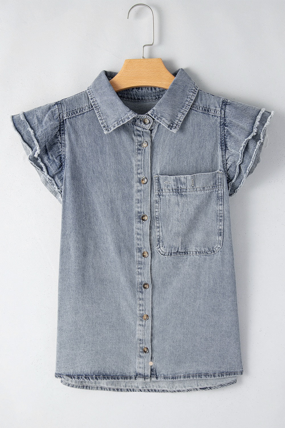 Frayed Ruffle Denim Shirt
