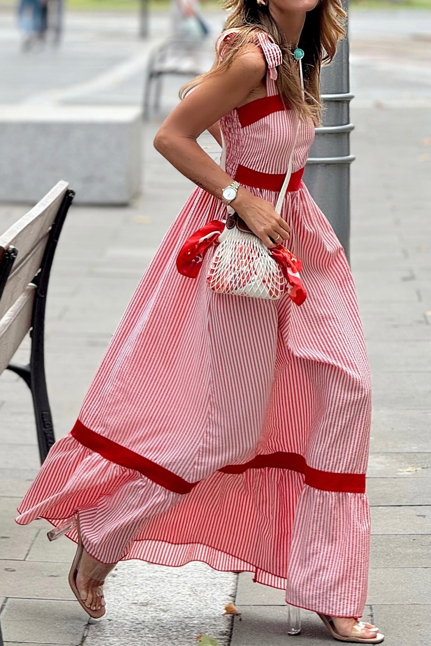 Red Stripe Bow Knot Straps Contrast Trim High Waist Ruffle Hem Maxi