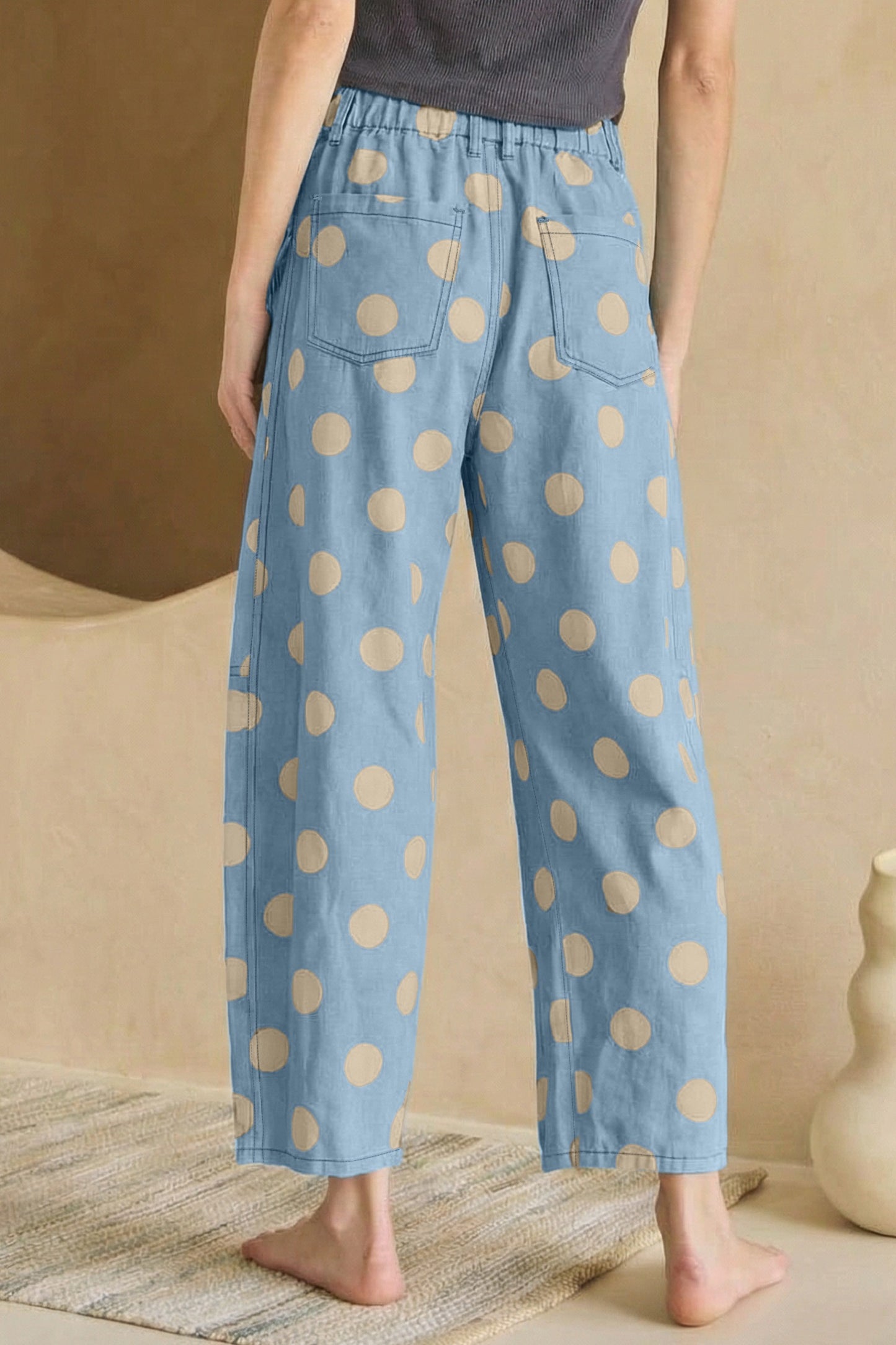 Polka Dot Print Scalloped Patch Pocket Cotton Pants