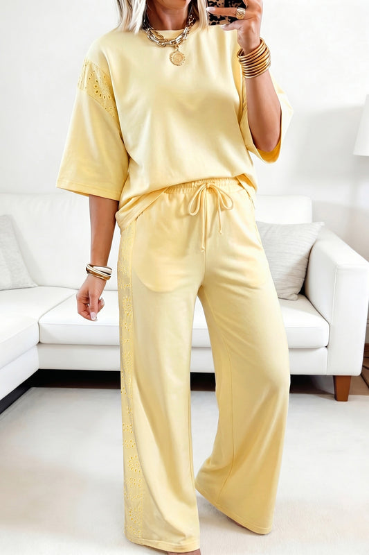 Yellow Solid Color Loose Tee Drawstring Wide Leg Pant Set