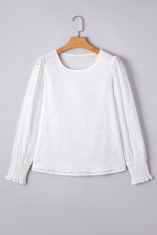 White Eyelet Embroidered Smocked Cuff Blouse