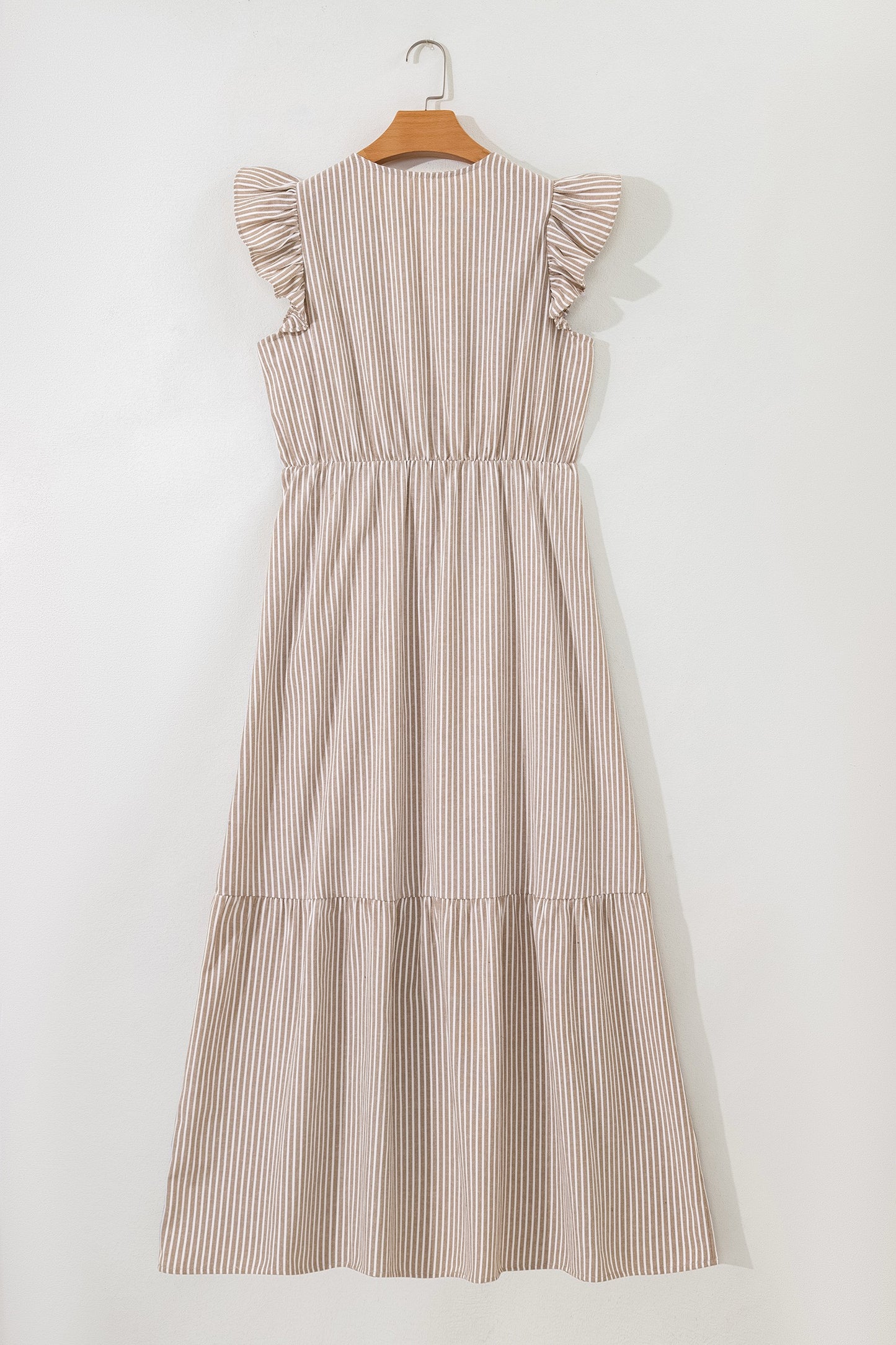 Khaki Stripe Flutter Sleeve Buttoned Front Slit Maxi
