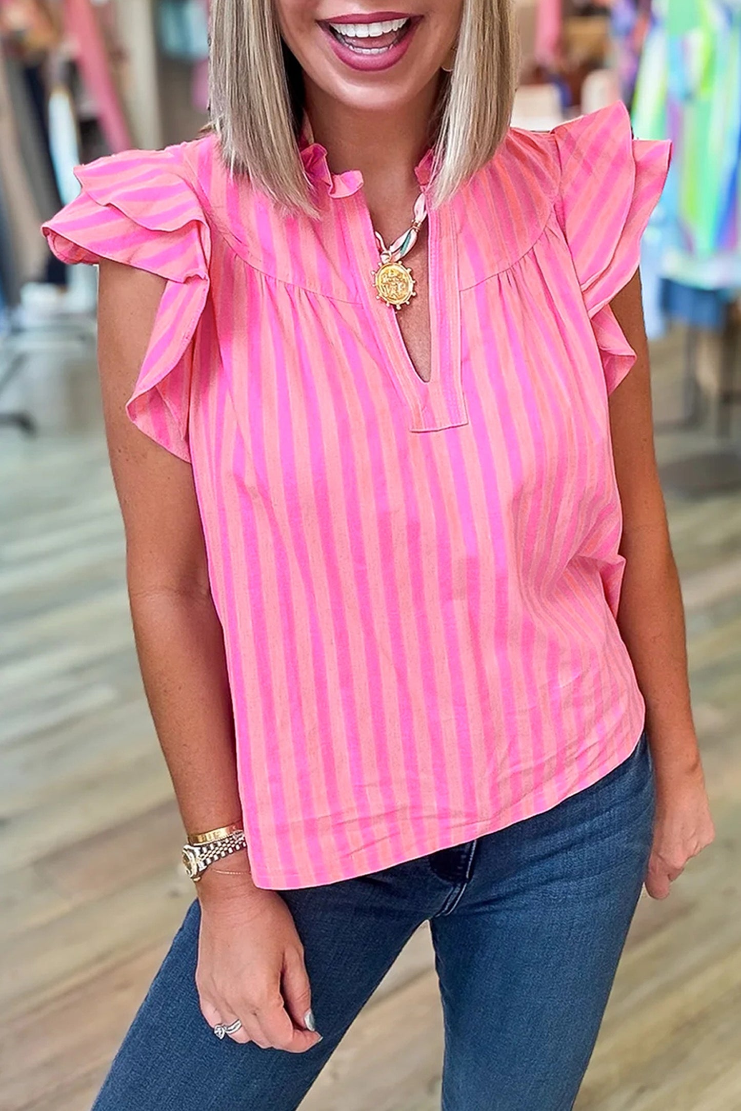 Pink Stripe Split Neck Ruffled Summer Top