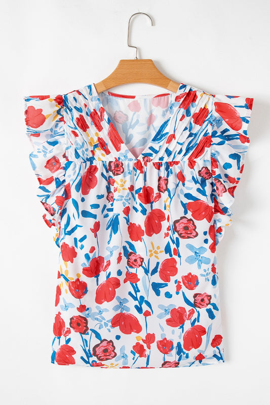 Red Pintick Ruffle Sleeve Top