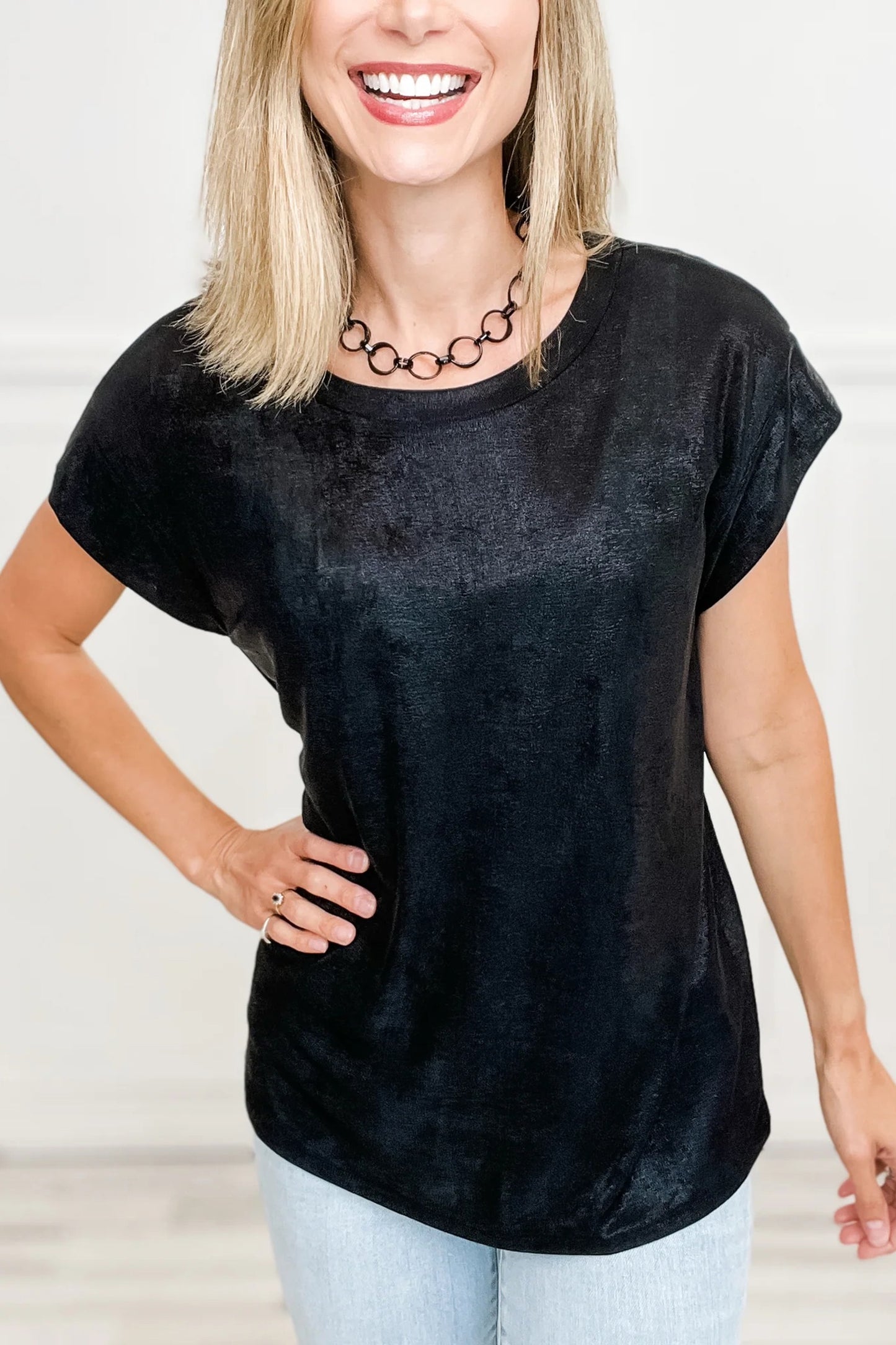 Black Metallic Round Neck Cap Sleeve Top