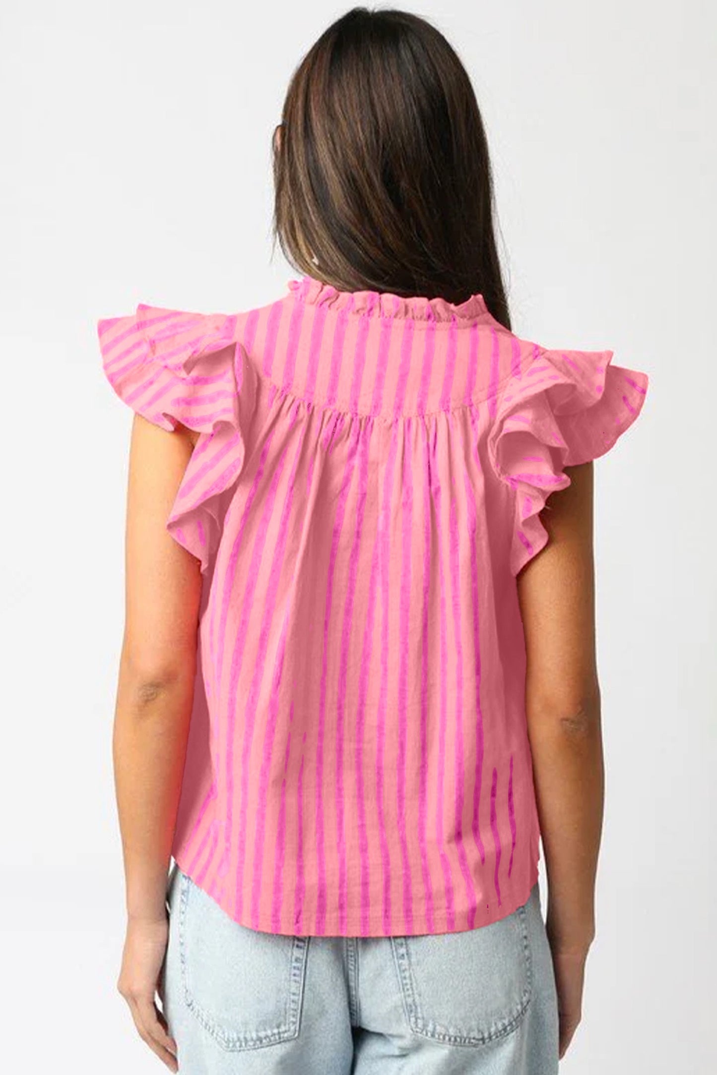 Pink Stripe Split Neck Ruffled Summer Top