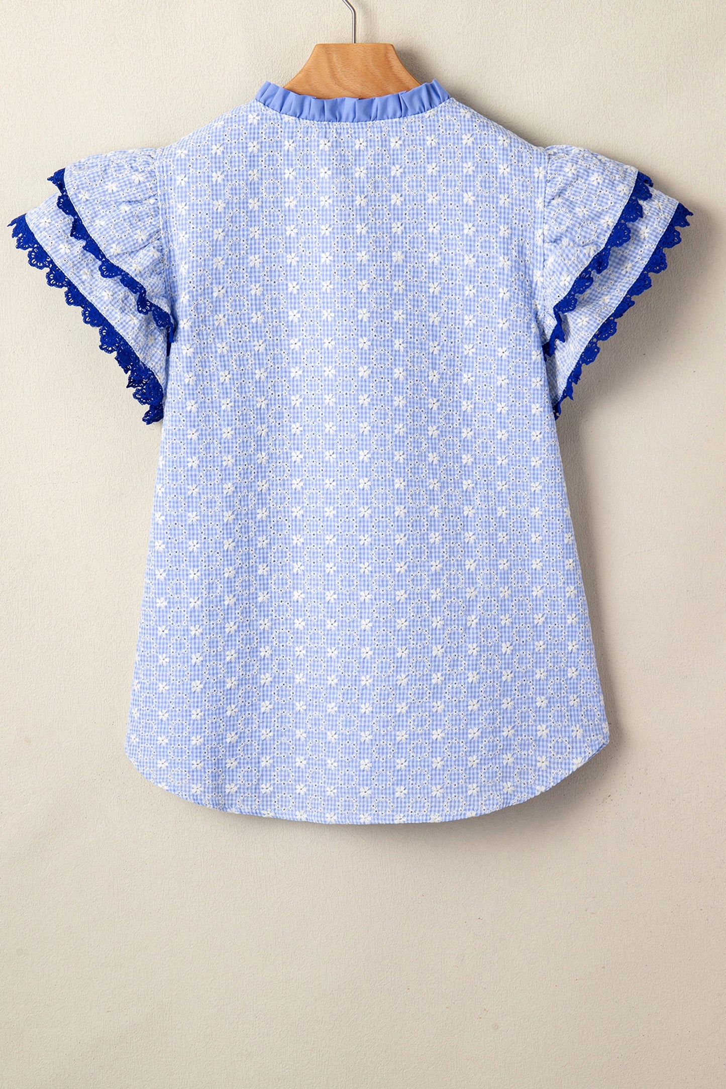 Blue Square Neck Short Puff Sleeve Pleated Floral Blouse