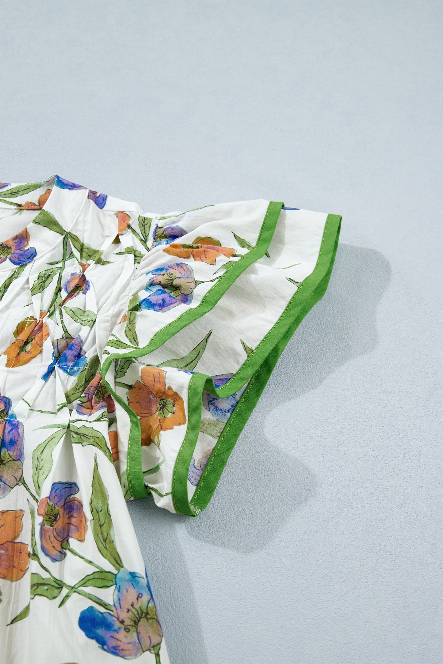 Green Floral Print Ruffle V-Neck Pressed Pleats Blouse