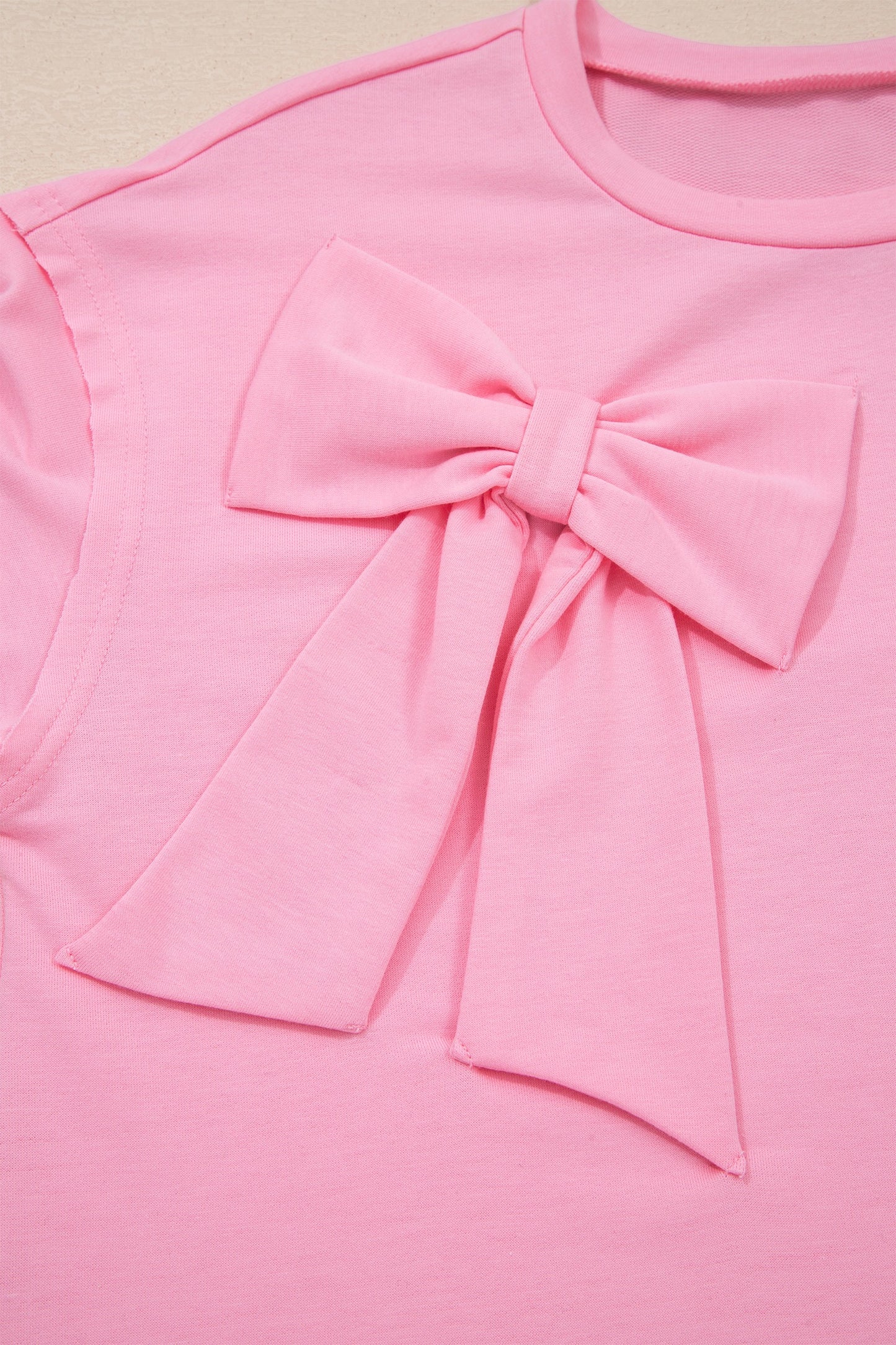 Pink Solid Color Raw Edge Bow Patch Loose Shirt