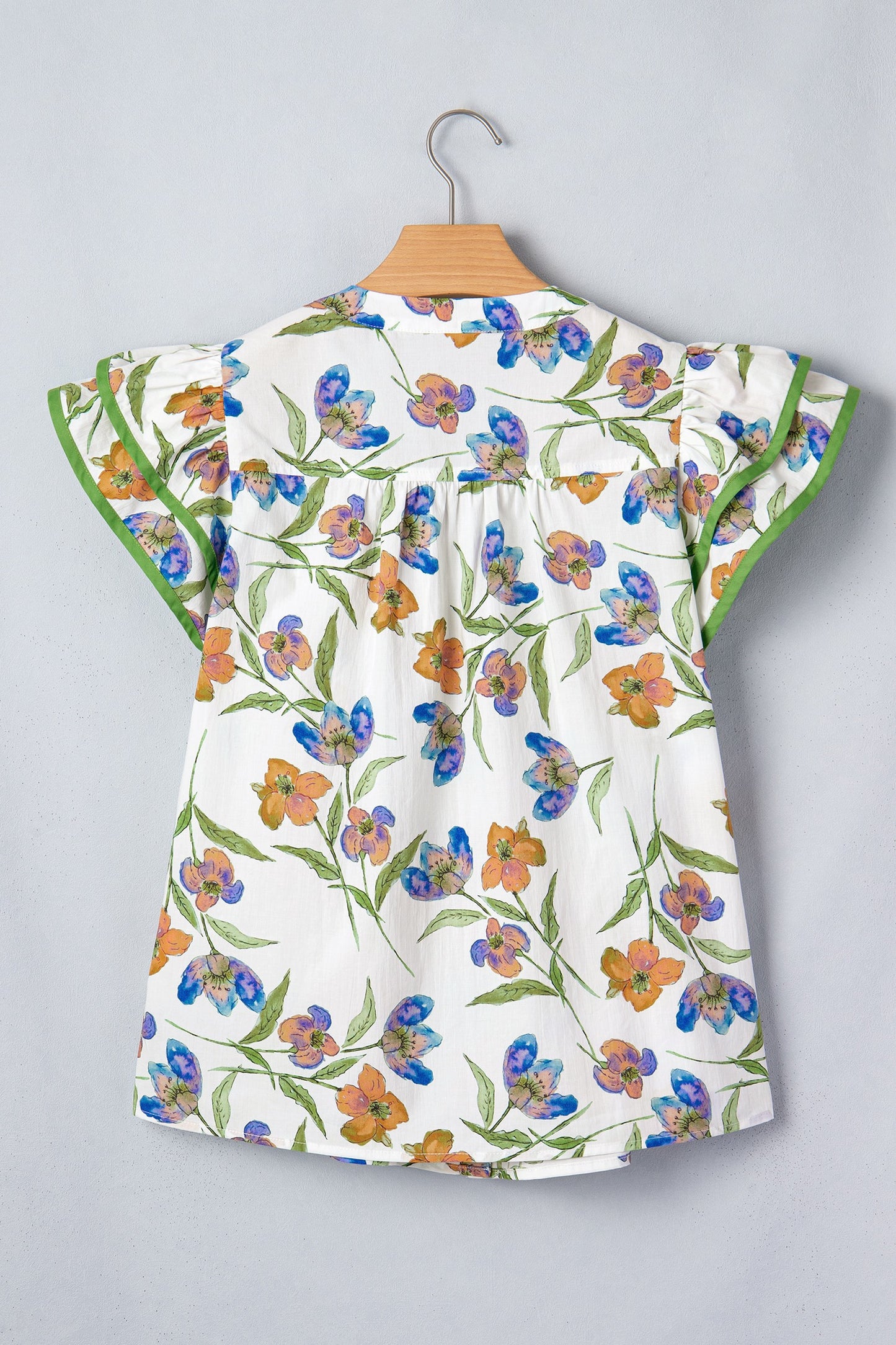 Green Floral Print Ruffle V-Neck Pressed Pleats Blouse