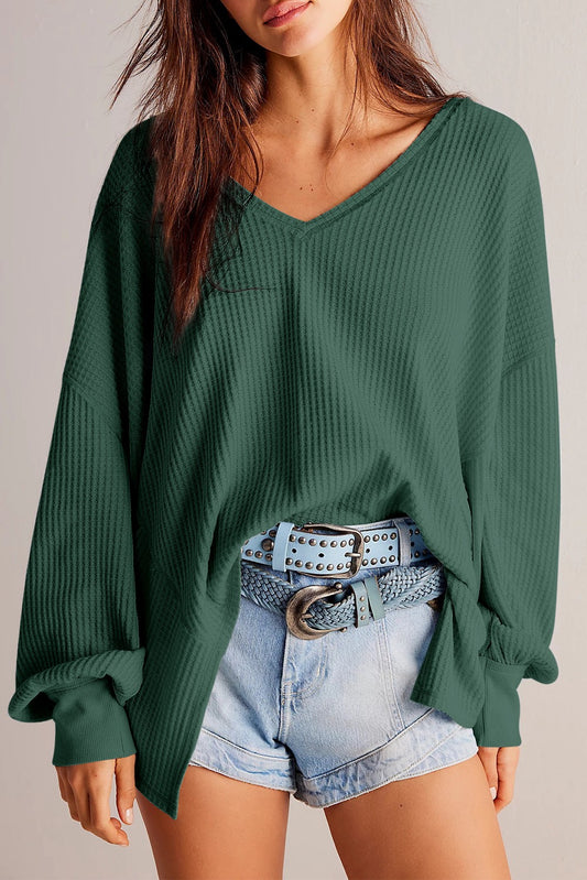 Waffle V Neck Loose Long Sleeve Blouse