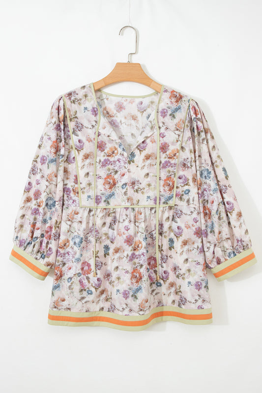 Black Plus Size Floral Print Contrast Trim Striped Detail Babydoll Blouse