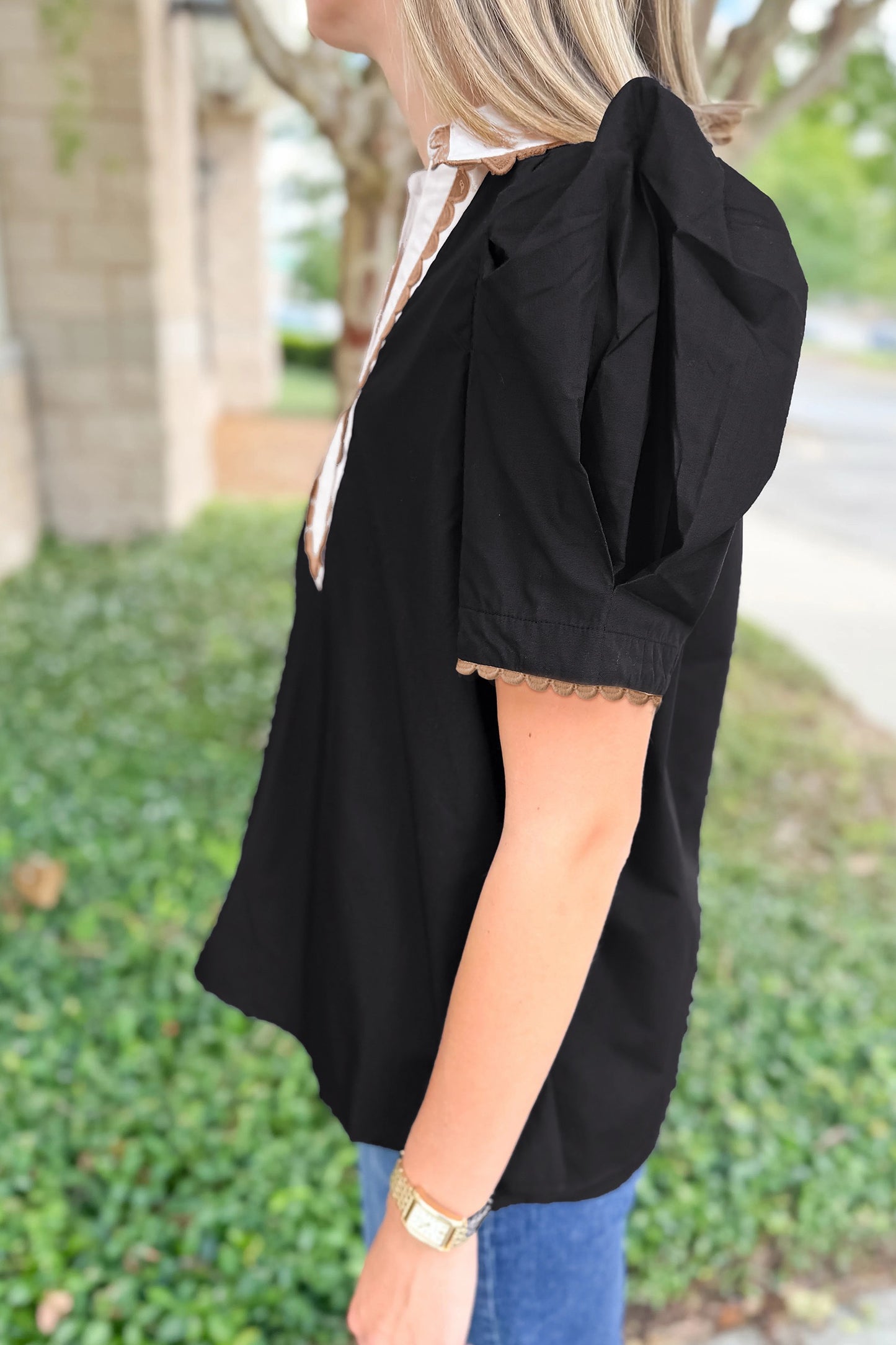 Black Ricrac Trim Color Block Patchwork Collar Short Sleeve Shirt