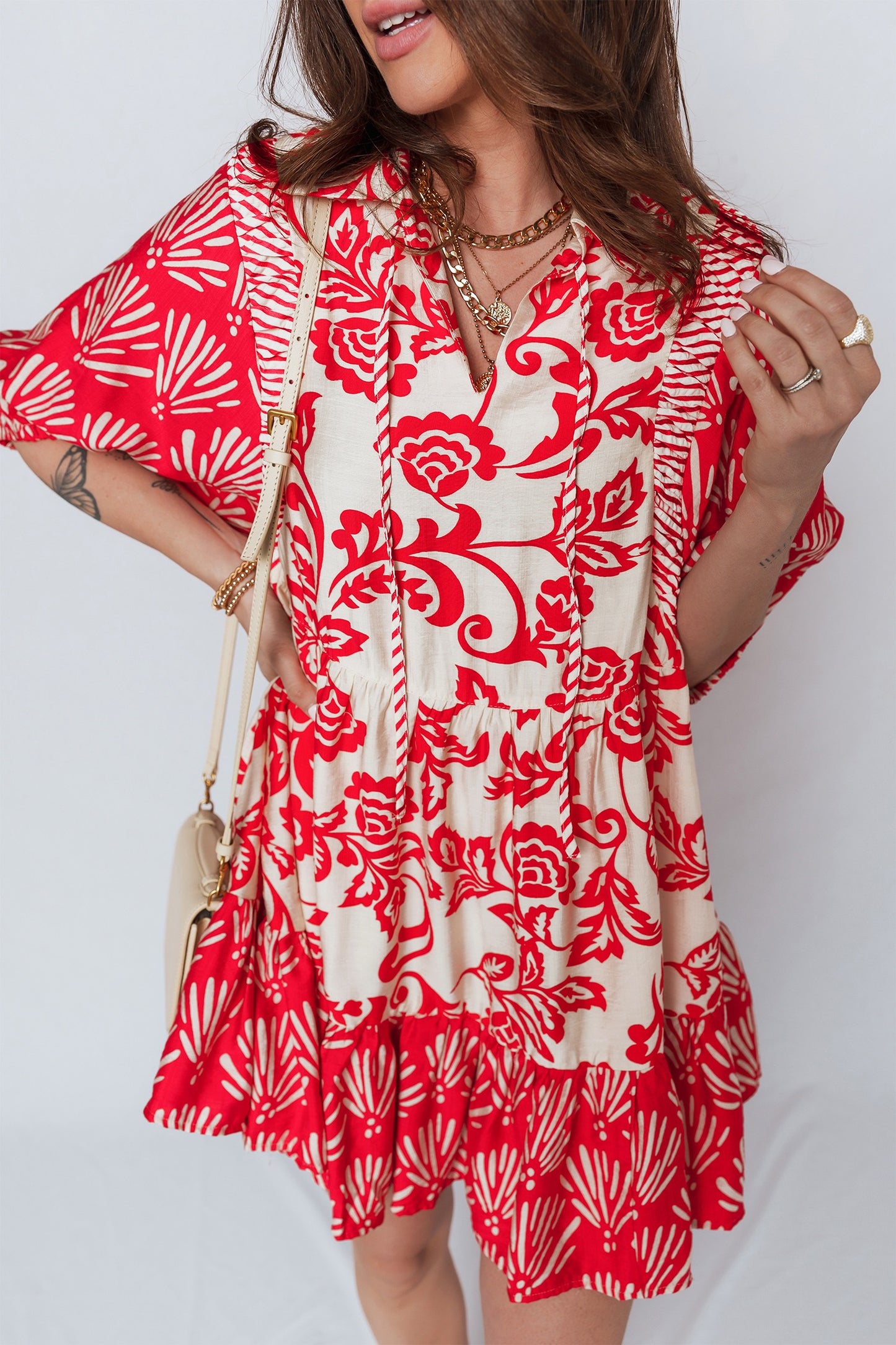 Red Collared V Neck Half Sleeve Loose Dress