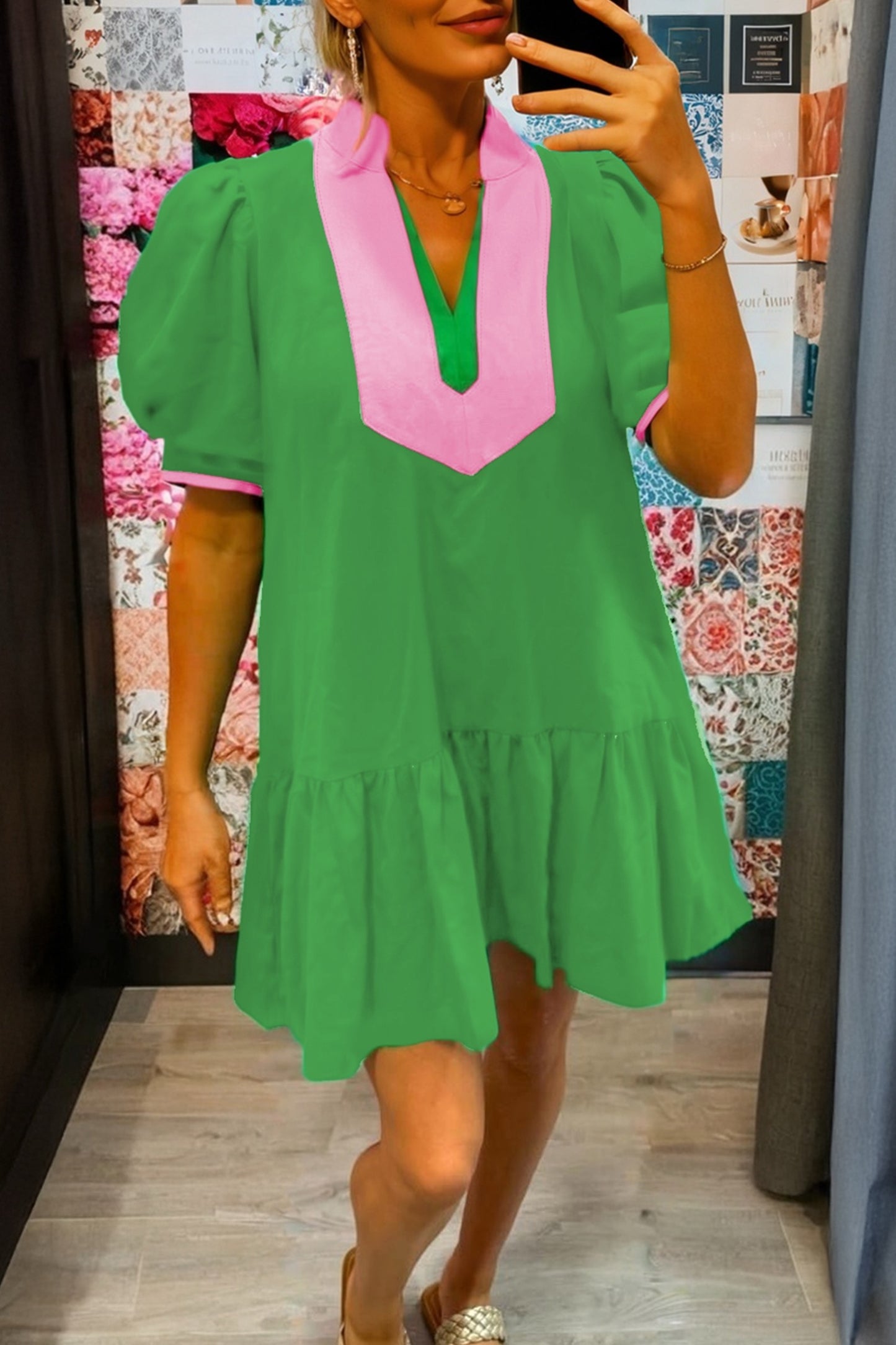 Bright Green Color Block Detail Split Neck Short Puff Sleeve Ruffle Hem Dress
