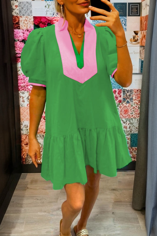 Bright Green Color Block Detail Split Neck Short Puff Sleeve Ruffle Hem Dress