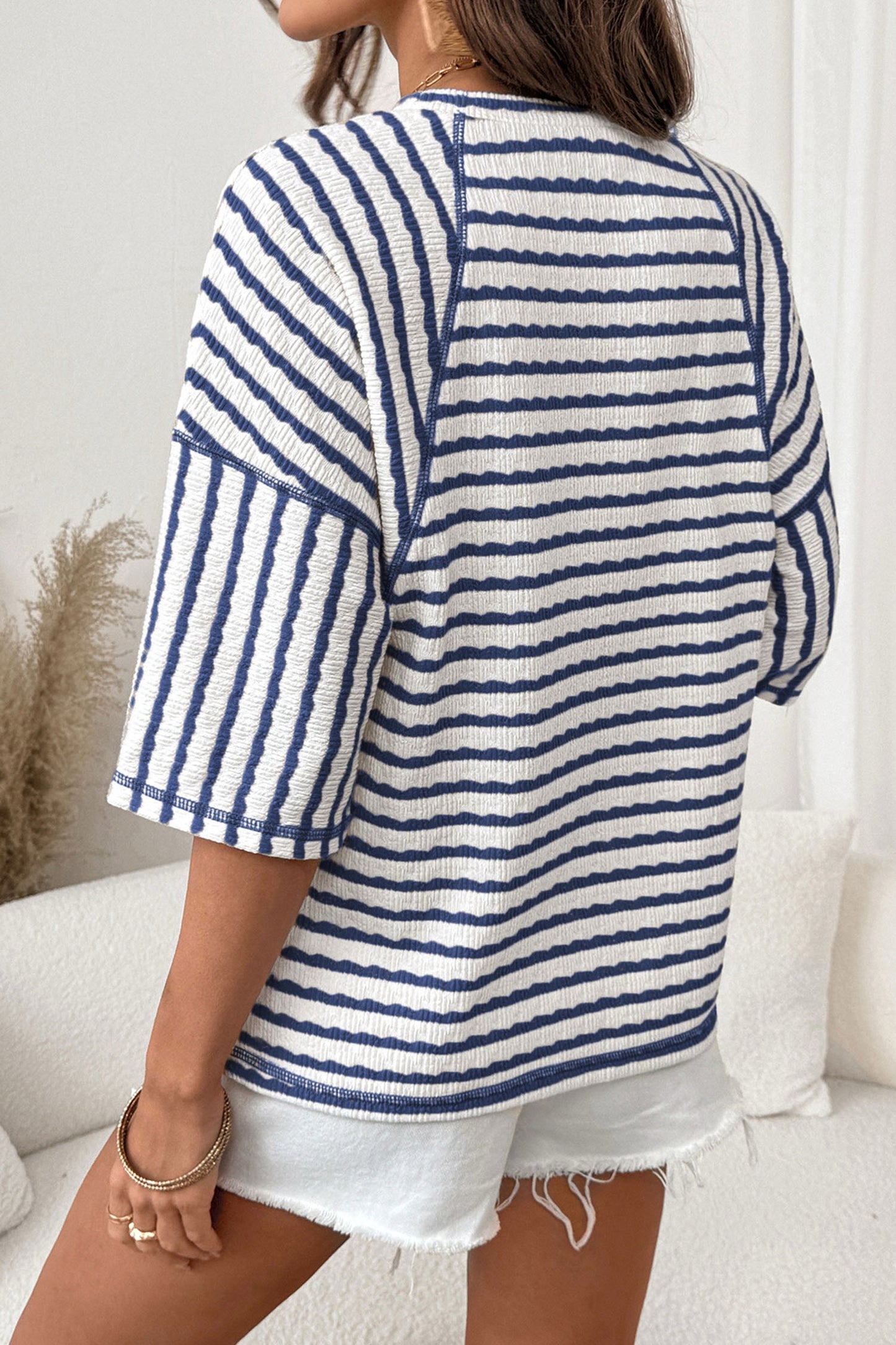 Navy Stripe Scallop Lace Trim Ruffle Short Sleeves Crewneck Top