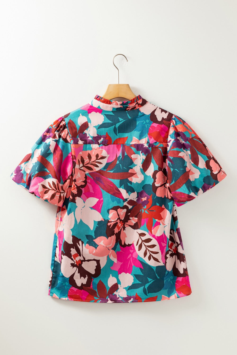 Red Floral Notched V Blouse