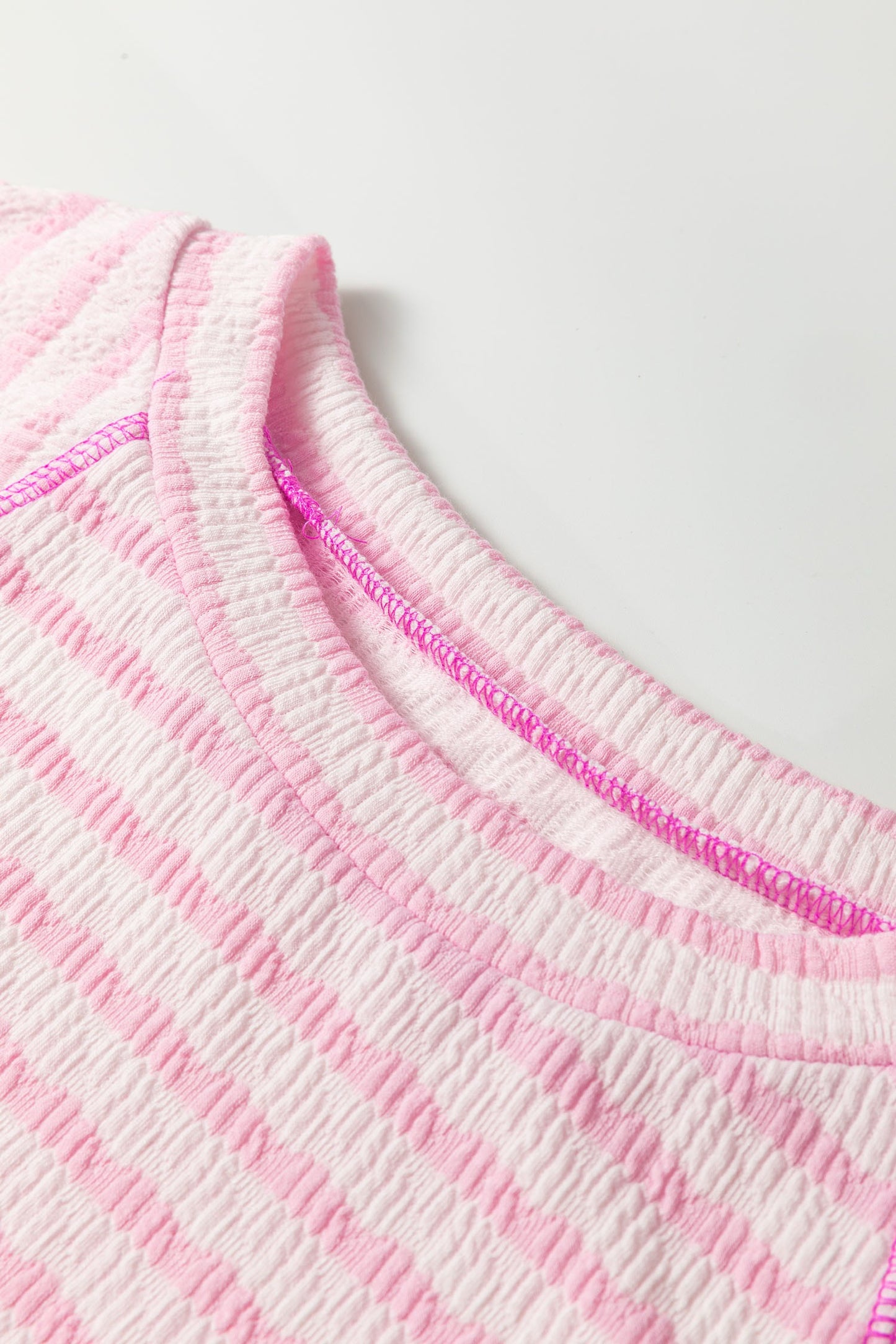 Pink Stripe Scallop Lace Trim Ruffle Short Sleeves Crewneck Top