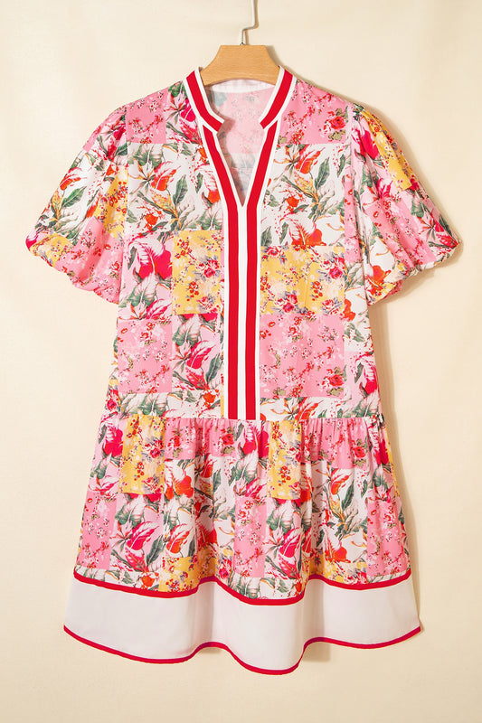 Pink Color Block Floral Print Contrast Trim V Neck Ruffle Hem Dress