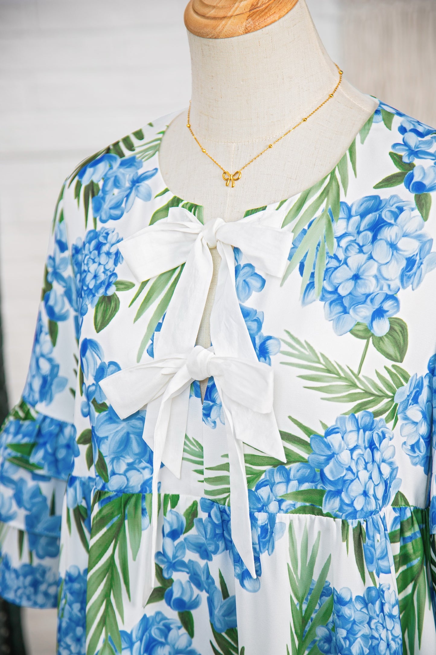 Blue Palm Floral Print Ribbon Knot Ruffle Tiered Sleeve Dress