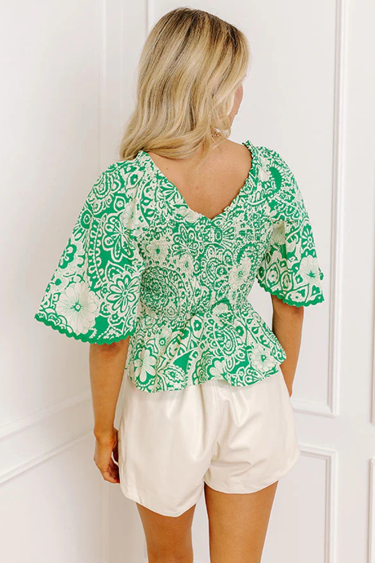Green Flirty Floral Smocked V Neck Top