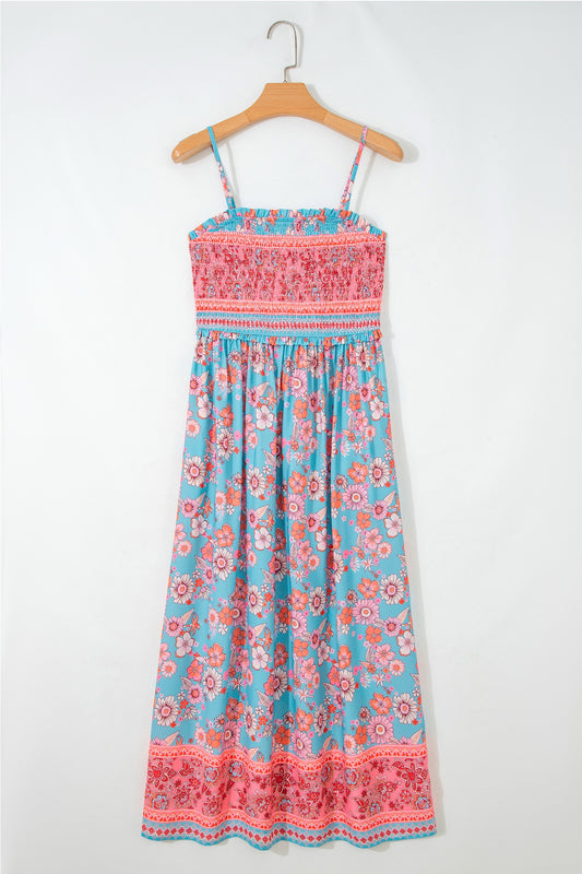 Blue Boho Print Spaghetti Straps Maxi Dress