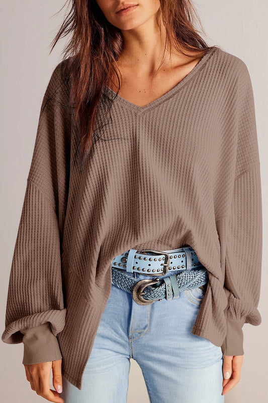 Waffle V Neck Loose Long Sleeve Blouse
