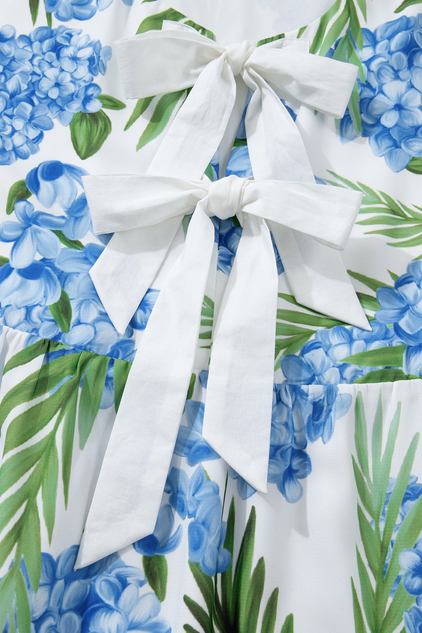Blue Palm Floral Print Ribbon Knot Ruffle Tiered Sleeve Dress