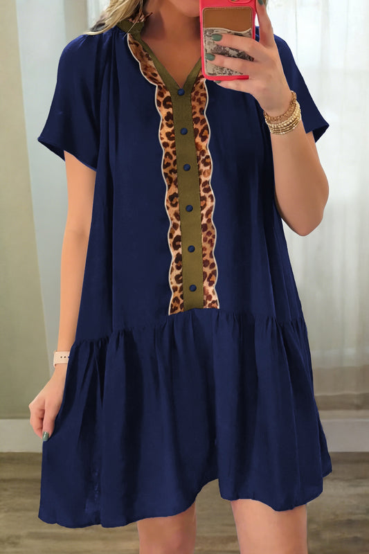 Navy Blue Button Detail Leopard Metallic Trim Short Sleeve Tunic Dress