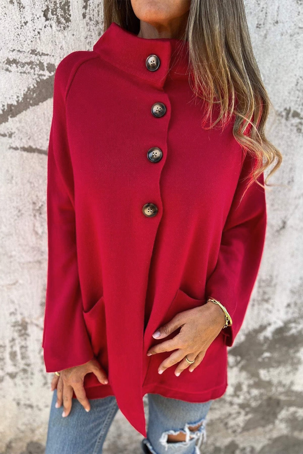 Red Collared Button Front Wrapped Cardigan Jacket