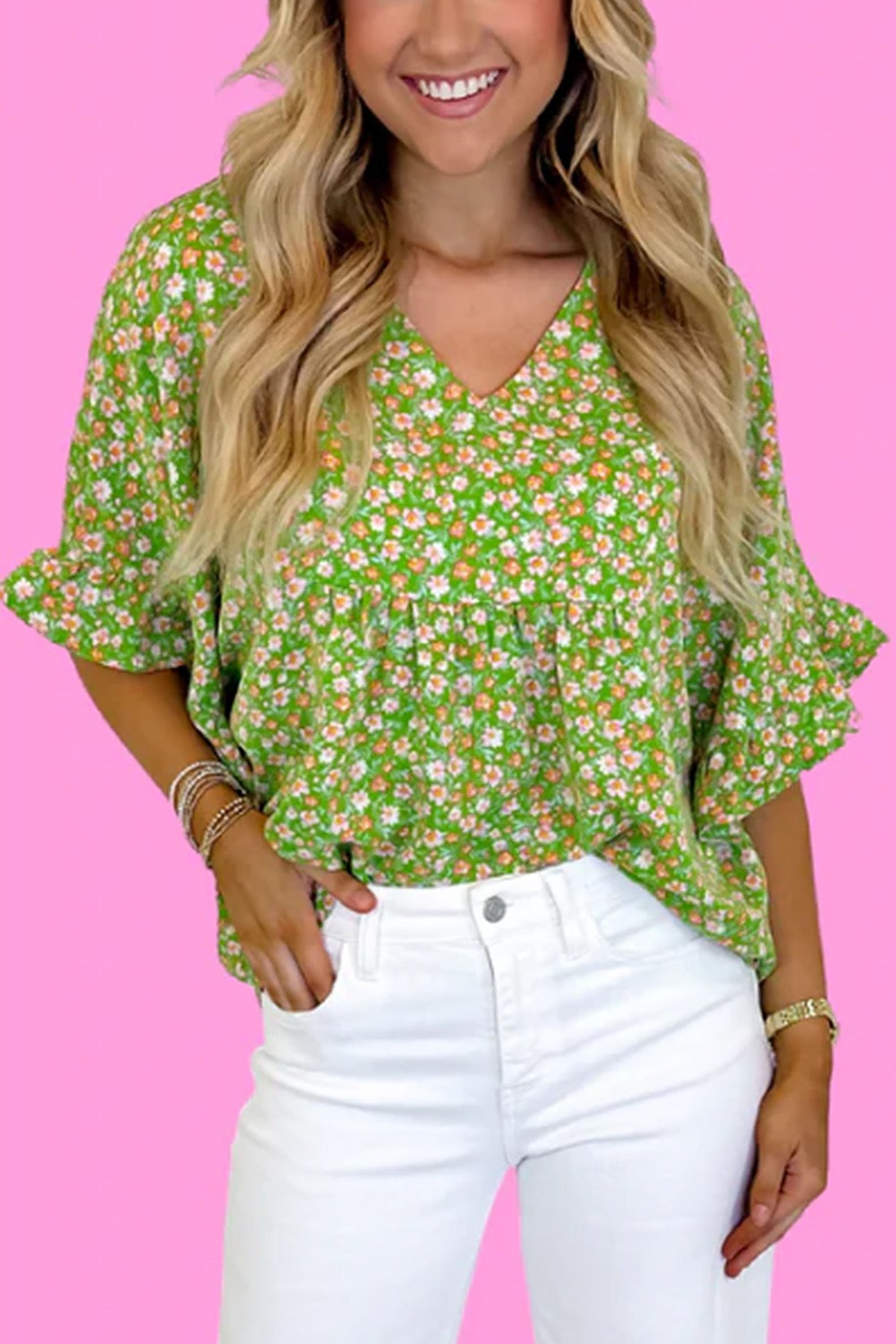Green Floral Ruffle Sleeve Top