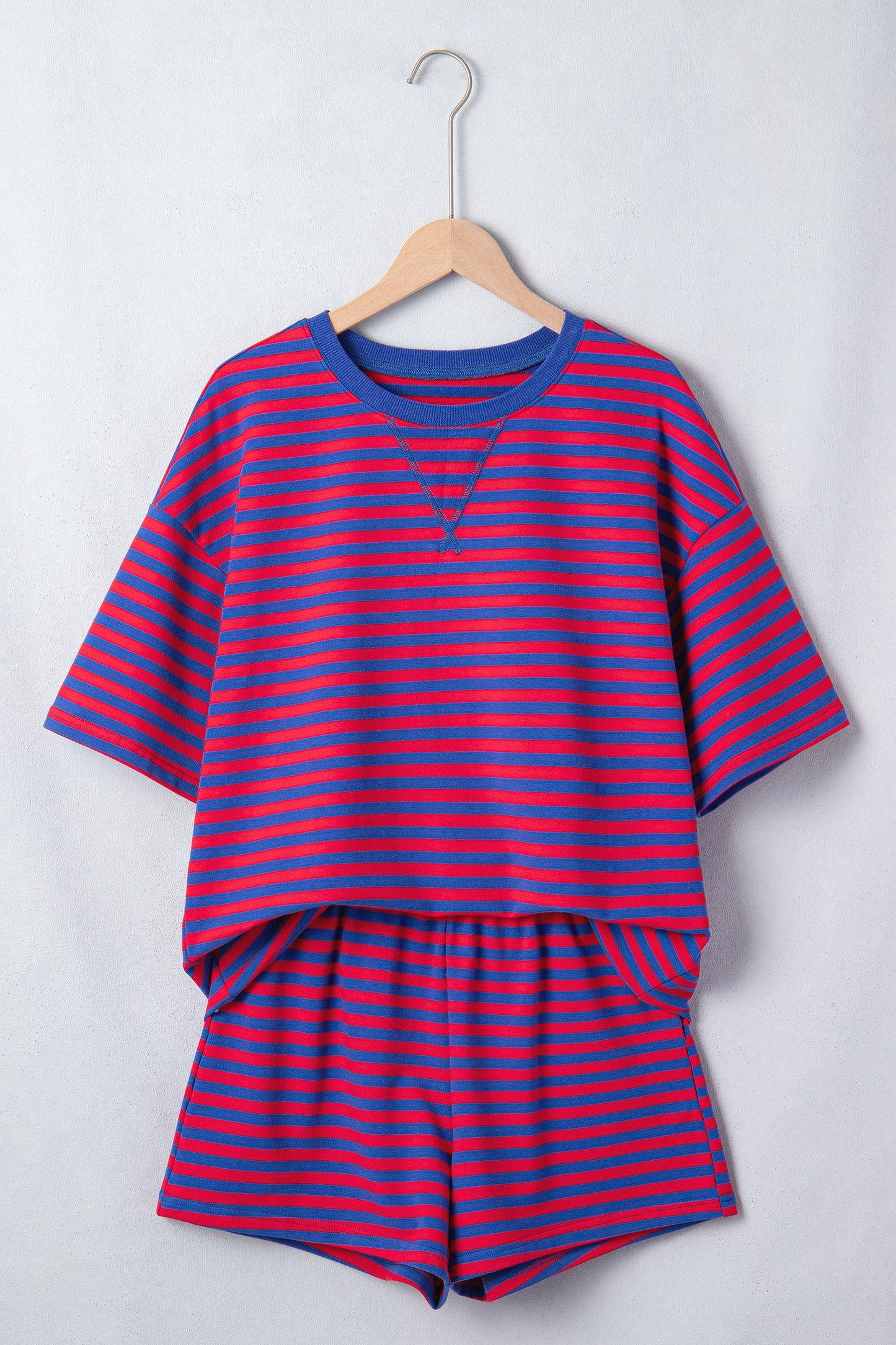 Navy Stripe Striped Ribbed Cotton Two- Piece Short Set