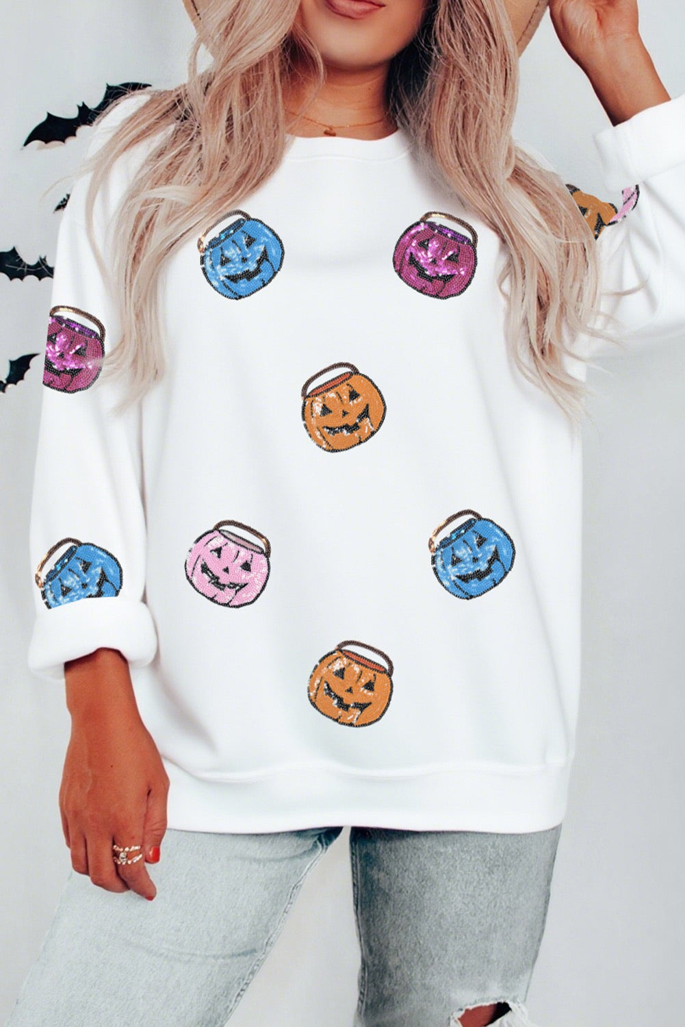 White Halloween Pumpkin Lantern Sequin Sweatshirt