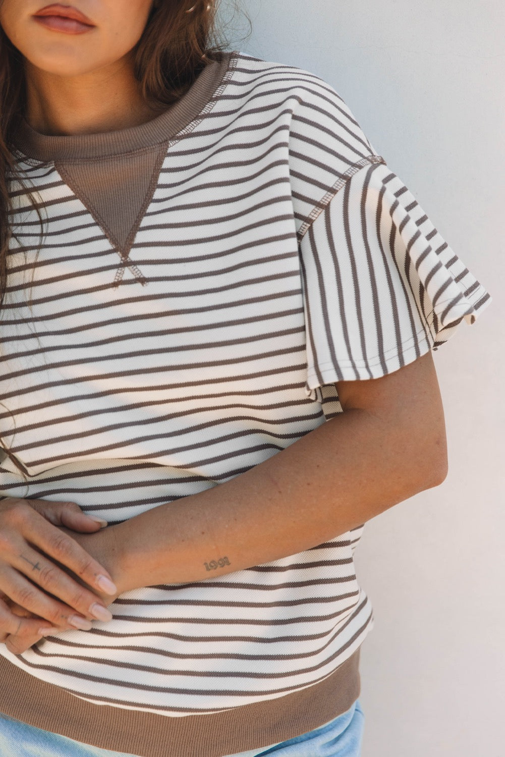 Brown Contrast Detail Striped Ruffle Short Sleeve Top