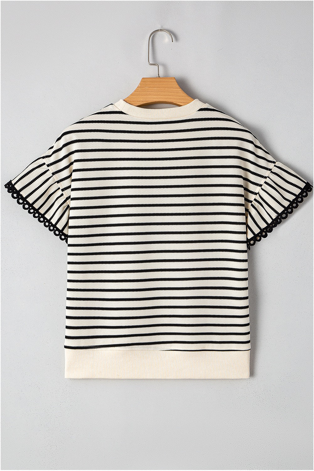 Black Stripe Scallop Lace Trim Ruffle Short Sleeves Crewneck Top