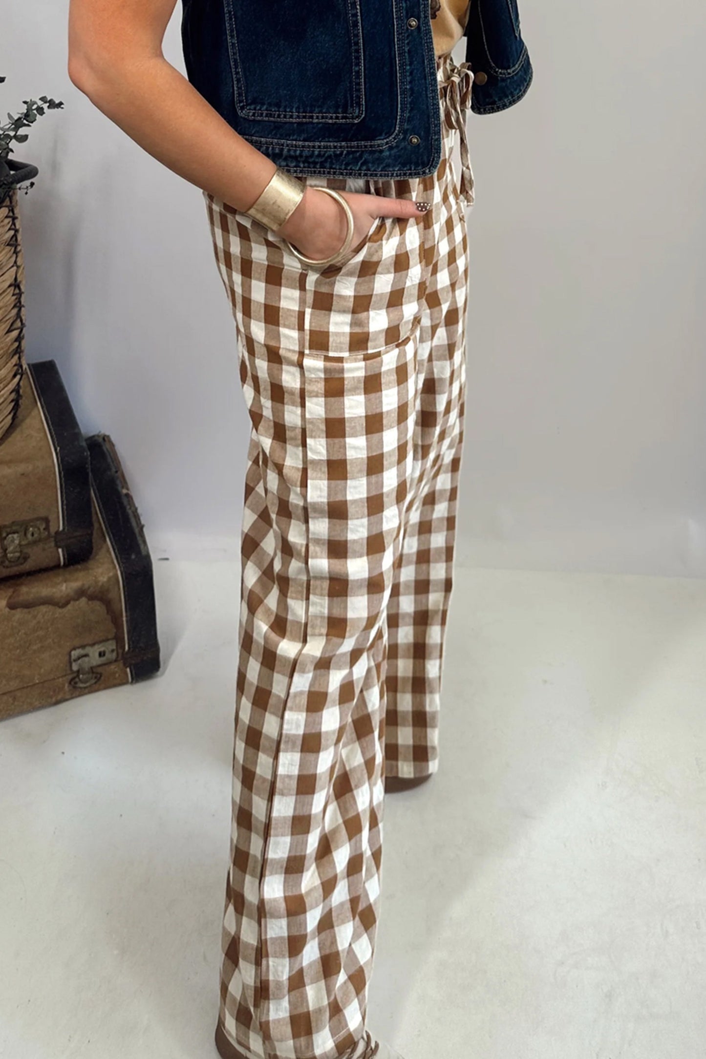 Brown Gingham Plaid Tie Elastic Pants