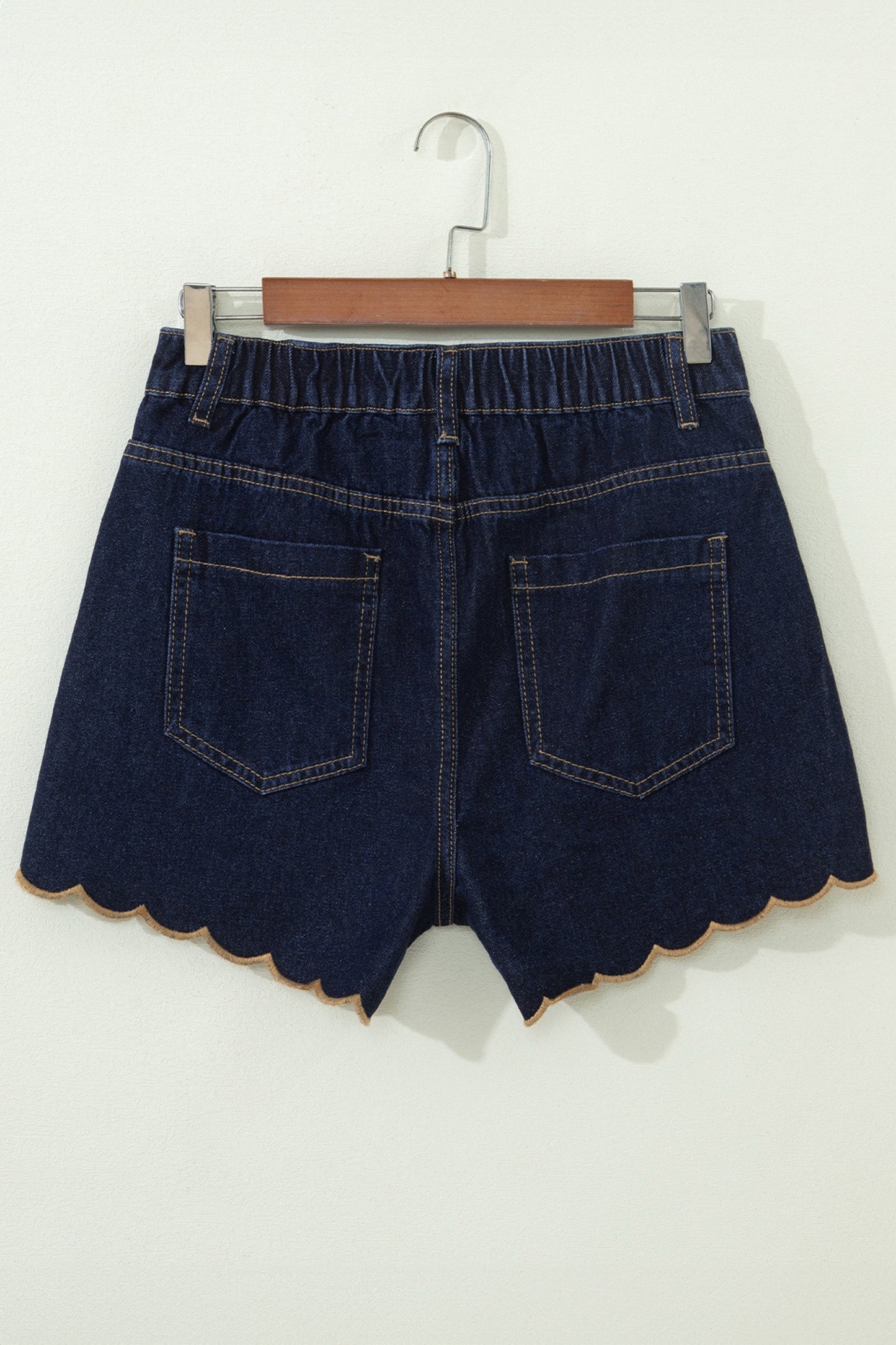 Dark Wash Embroidered Scalloped Trim Denim Shorts
