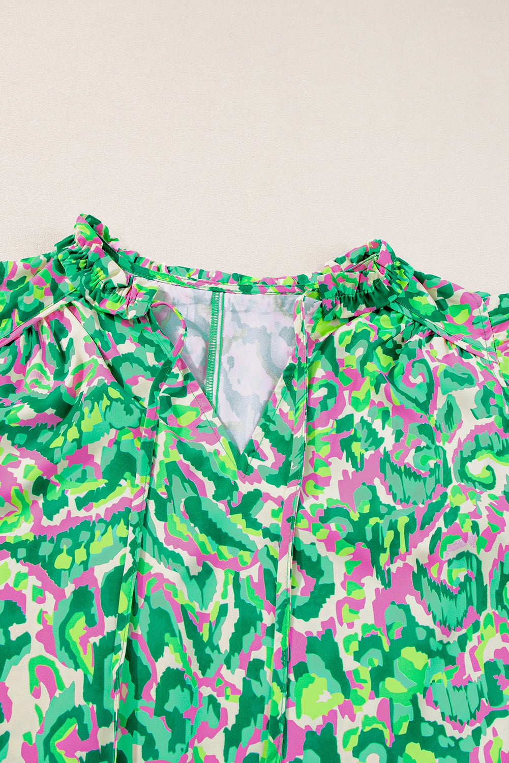 Green Abstract Print Ruffled Trim Tied Split Neck Blouse