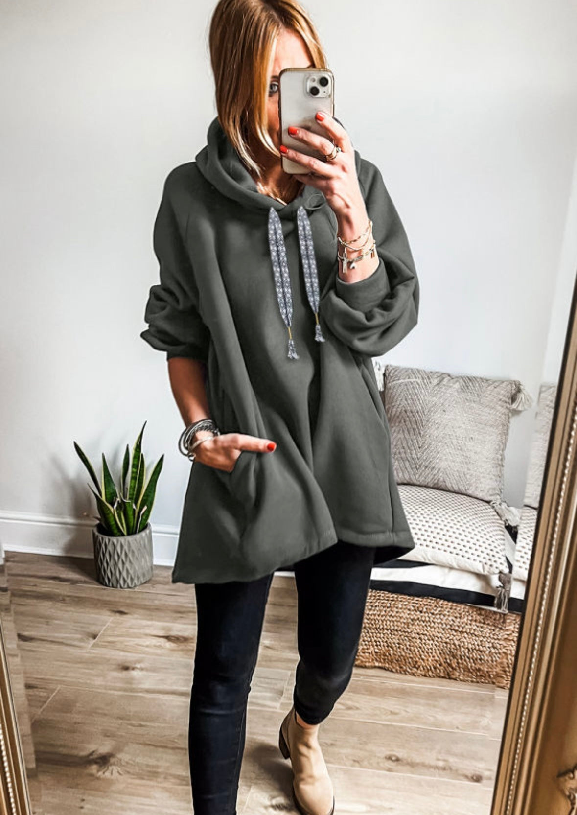 Clover Drawstring Hooded Tunic Sweatshirt