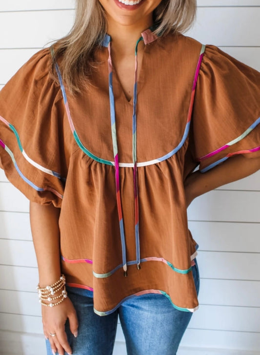 Patchwork Edging, Flounce Sleeve, V Neck Blouse
